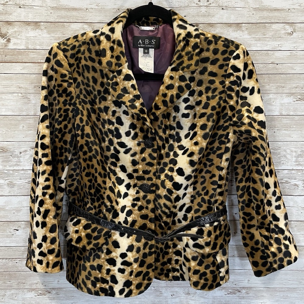 Vintage ABS Allen Schwartz Womens 6 Coat Leopard Print Short 3 Button Belt USA